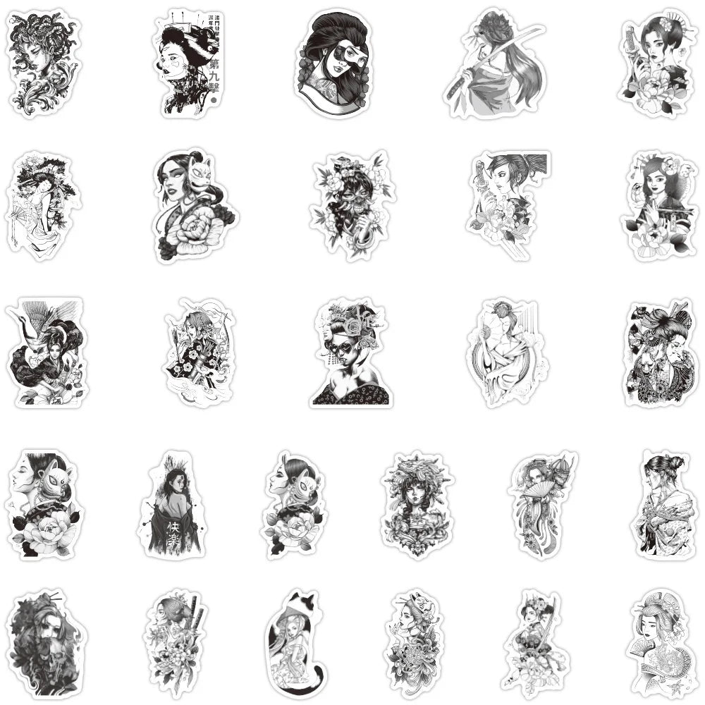 50PCS Black and White Japanese Geisha Personality Graffiti Stickers Luggage Battery Car Mobile Phone Stickers