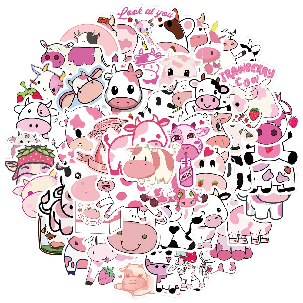 50PCS Cut Pink Cow Graffiti Waterproof Sticker Suitcase Notebook Mobile PhoneRefrigeratorChildren'sWaterCupHelmet