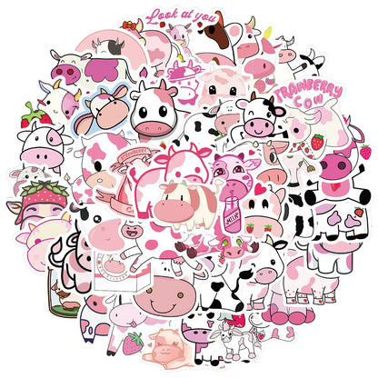50PCS Cut Pink Cow Graffiti Waterproof Sticker Suitcase Notebook Mobile PhoneRefrigeratorChildren'sWaterCupHelmet