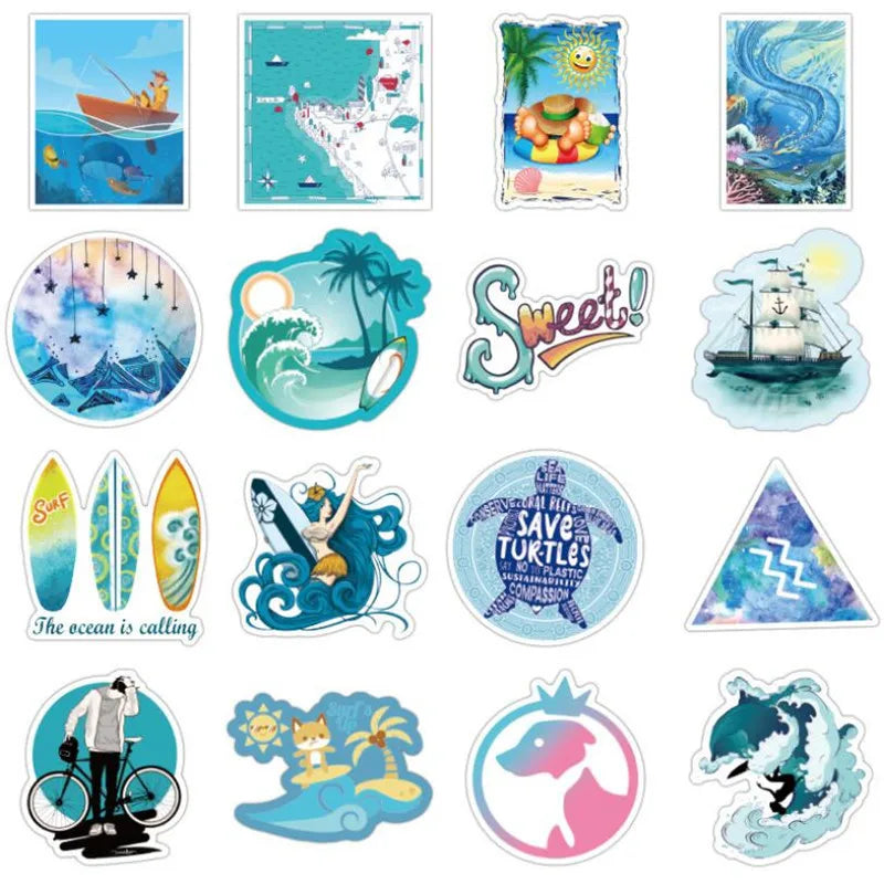 50PCS cartoon ocean blue style series decorative style graffiti stickers, personalized, fashionable and creative DIY exquisite decorative decal cups, helmets, skateboard popular sticker toys