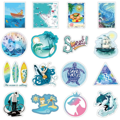 50PCS cartoon ocean blue style series decorative style graffiti stickers, personalized, fashionable and creative DIY exquisite decorative decal cups, helmets, skateboard popular sticker toys