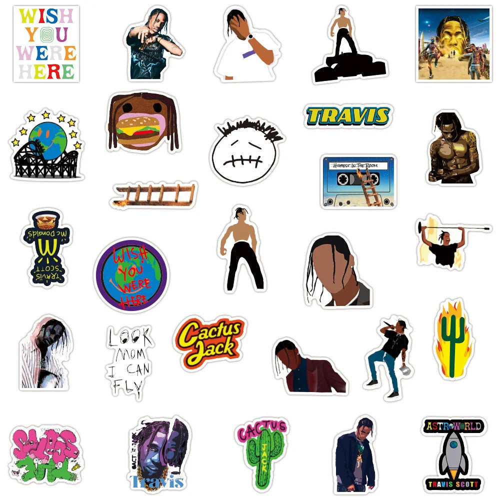 50PCS Travis Scott Graffiti Sticker Waterproof Luggage Compartment Notebook Helmet Scooter Refrigerator Water Cup