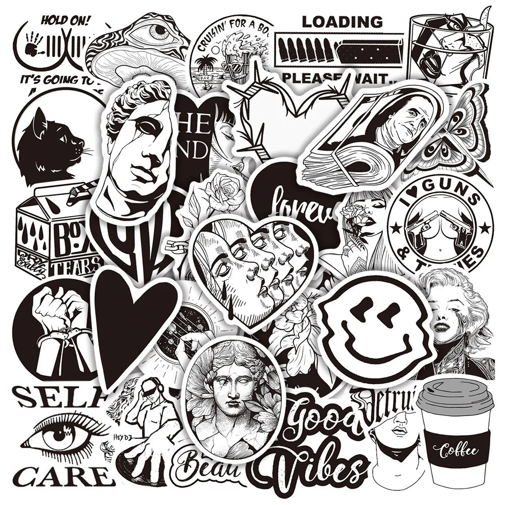 50PCS Black and White Personalized Art Plaster Head Mixed with Graffiti Sticker TV Water Cup Trolley Case Guitar