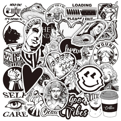 50PCS Black and White Personalized Art Plaster Head Mixed with Graffiti Sticker TV Water Cup Trolley Case Guitar
