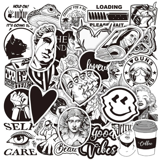 50PCS Black and White Personalized Art Plaster Head Mixed with Graffiti Sticker TV Water Cup Trolley Case Guitar