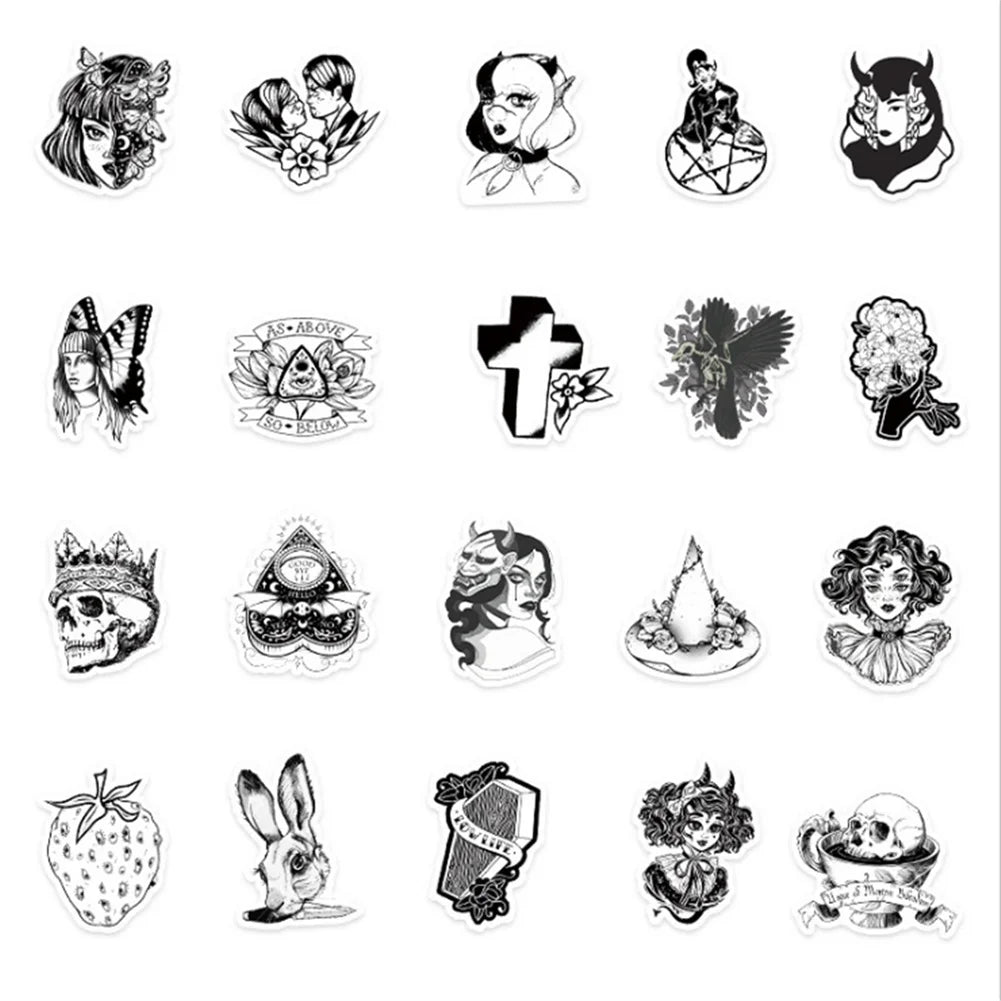 50PCS cartoon animation black and white Gothic style skull decorative style graffiti stickers, personalized, fashionable and creative trend DIY exquisite decorative decal cups, helmets, skateboard popular sticker toys