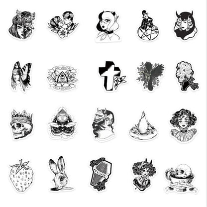 50PCS cartoon animation black and white Gothic style skull decorative style graffiti stickers, personalized, fashionable and creative trend DIY exquisite decorative decal cups, helmets, skateboard popular sticker toys