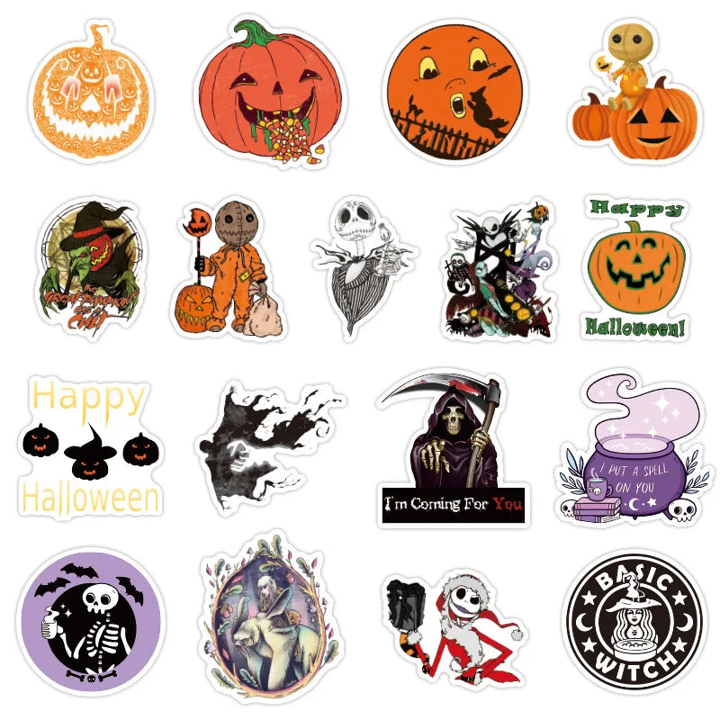 50 pieces of horror cartoon Halloween-themed graffiti stickers, personalized DIY water cups, suitcases, laptops, phone cases, skateboards, guitars, car decoration stickers and toys