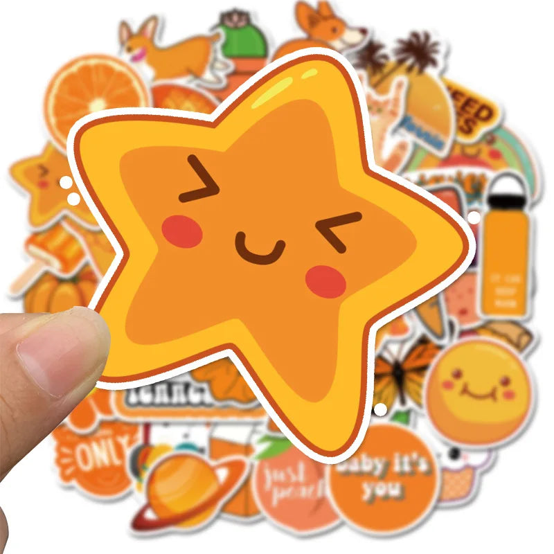 50PCS of fresh orange cartoon series fruit decorative style graffiti stickers, personalized, fashionable, creative and trendy DIY exquisite decorative decal cups, helmets, skateboards and popular sticker toys