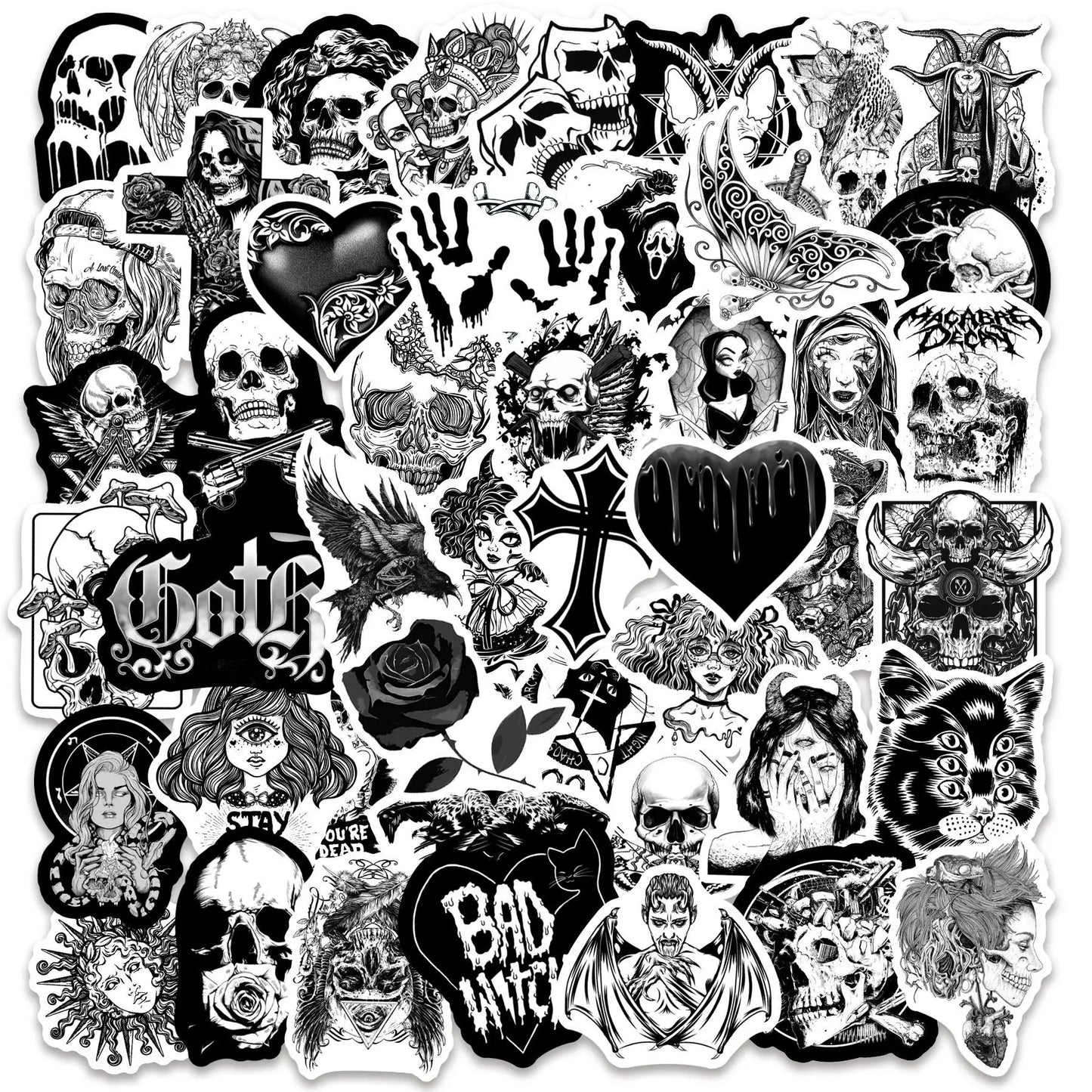 50PCS Black and White Punk Style Gothic Graffiti Sticker Horror Pvc Waterproof Car Notebook Trolley Case Sticker
