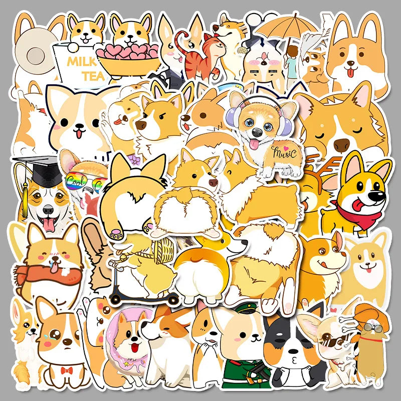 50PCS cartoon pet Corgi decorative style graffiti stickers, personalized, fashionable and creative trend DIY exquisite decorative decal cups, helmets, skateboard popular sticker toys