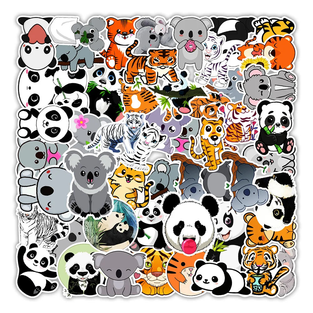 50PCS cartoon animal panda tiger decorative style graffiti stickers, personalized, fashionable and creative trend DIY exquisite decorative decal cups, helmets, skateboard popular sticker toys