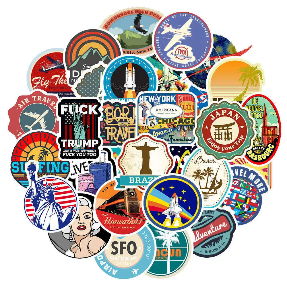 50PCS New Retro Fashion Travel Travel Stickers Skateboard Notebook Car Trolley Suitcase Waterproof Stickers