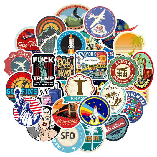 50PCS New Retro Fashion Travel Travel Stickers Skateboard Notebook Car Trolley Suitcase Waterproof Stickers