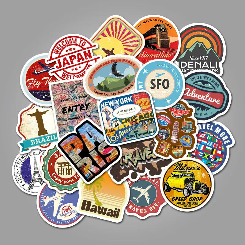 50PCS New Retro Fashion Travel Travel Stickers Skateboard Notebook Car Trolley Suitcase Waterproof Stickers