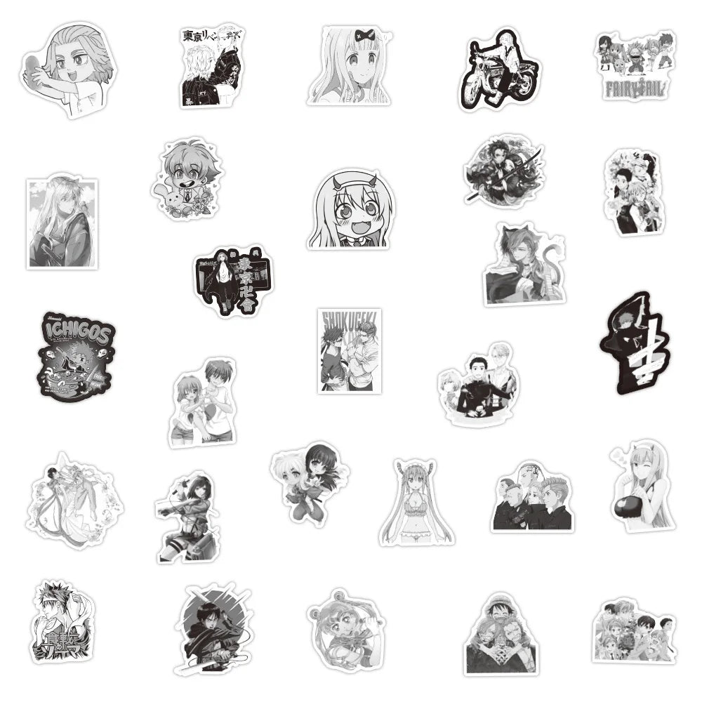 50PCS New Black and White Anime Graffiti Stickers Waterproof Luggage Laptop Scooter Water Cup Stickers