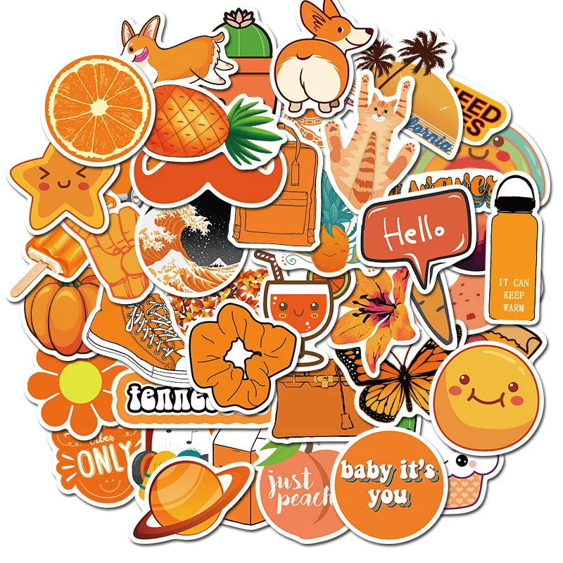50PCS of fresh orange cartoon series fruit decorative style graffiti stickers, personalized, fashionable, creative and trendy DIY exquisite decorative decal cups, helmets, skateboards and popular sticker toys