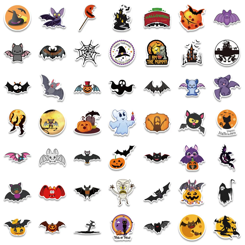 50PCS Sheet Art Illustration Popular Creative Cartoon Halloween Bat Ghost Decoration Style Graffiti Stickers Personality Fashion Creative Trend DIY Exquisite Decorative Decals for Cups, Helmets, Skateboards Popular Stickers Toys