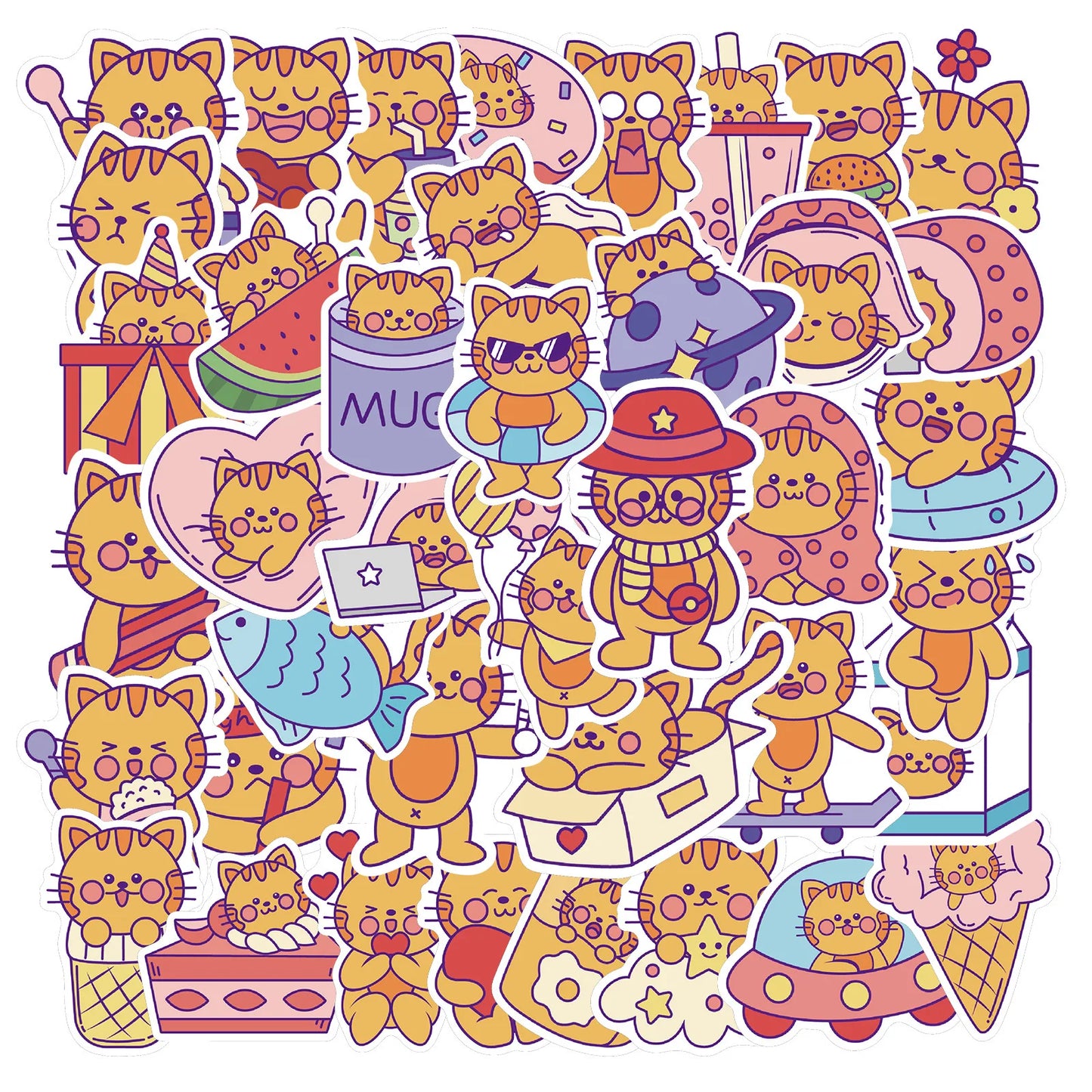 50PCS of cute cartoon cat series decorative style graffiti stickers, personalized, fashionable and creative DIY exquisite decorative decal cups, helmets, skateboard popular sticker toys