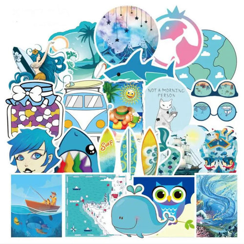 50PCS cartoon ocean blue style series decorative style graffiti stickers, personalized, fashionable and creative DIY exquisite decorative decal cups, helmets, skateboard popular sticker toys