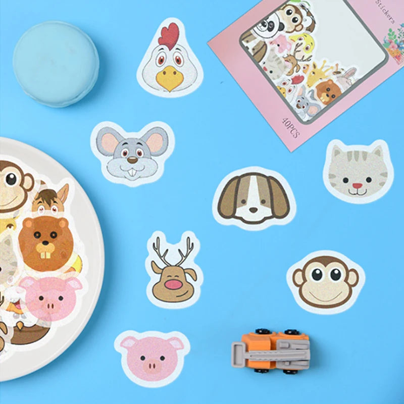 40 pieces of cute cartoon and paper journal stickers with animal heads, suitable for DIY journal decoration stickers in photo albums and diaries