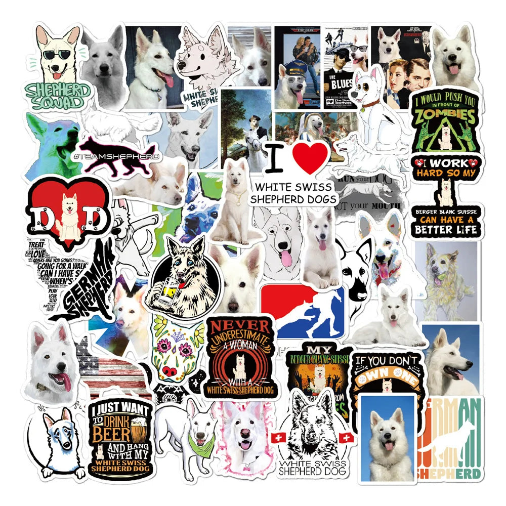 50PCS White Swiss Shepherd Dog Graffiti Dog Sticker Guitar Fridge Luggage Guitar Toy Sticker