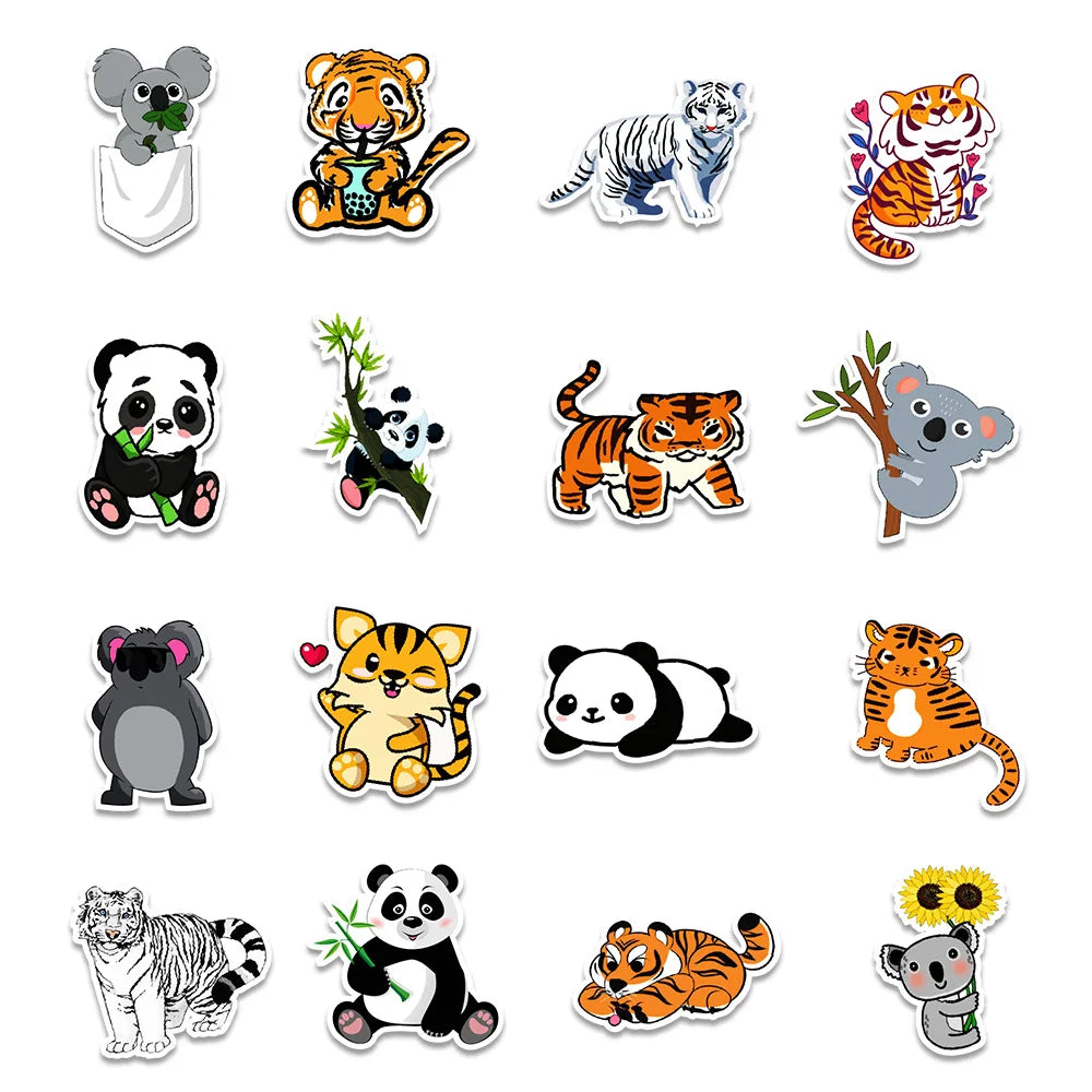 50PCS cartoon animal panda tiger decorative style graffiti stickers, personalized, fashionable and creative trend DIY exquisite decorative decal cups, helmets, skateboard popular sticker toys