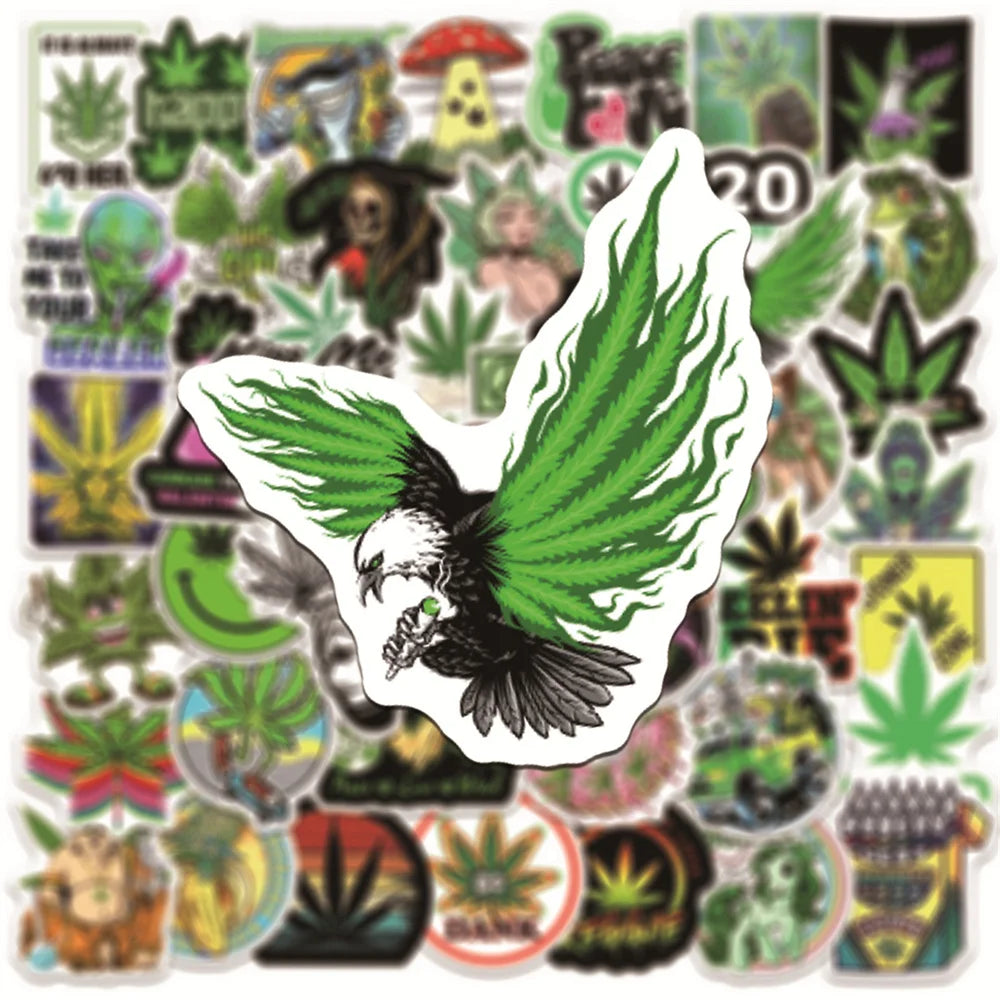 50PCS Personalized Green Leaf Graffiti Trolley Case Scooter Refrigerator Water Cup Waterproof Child Sticker