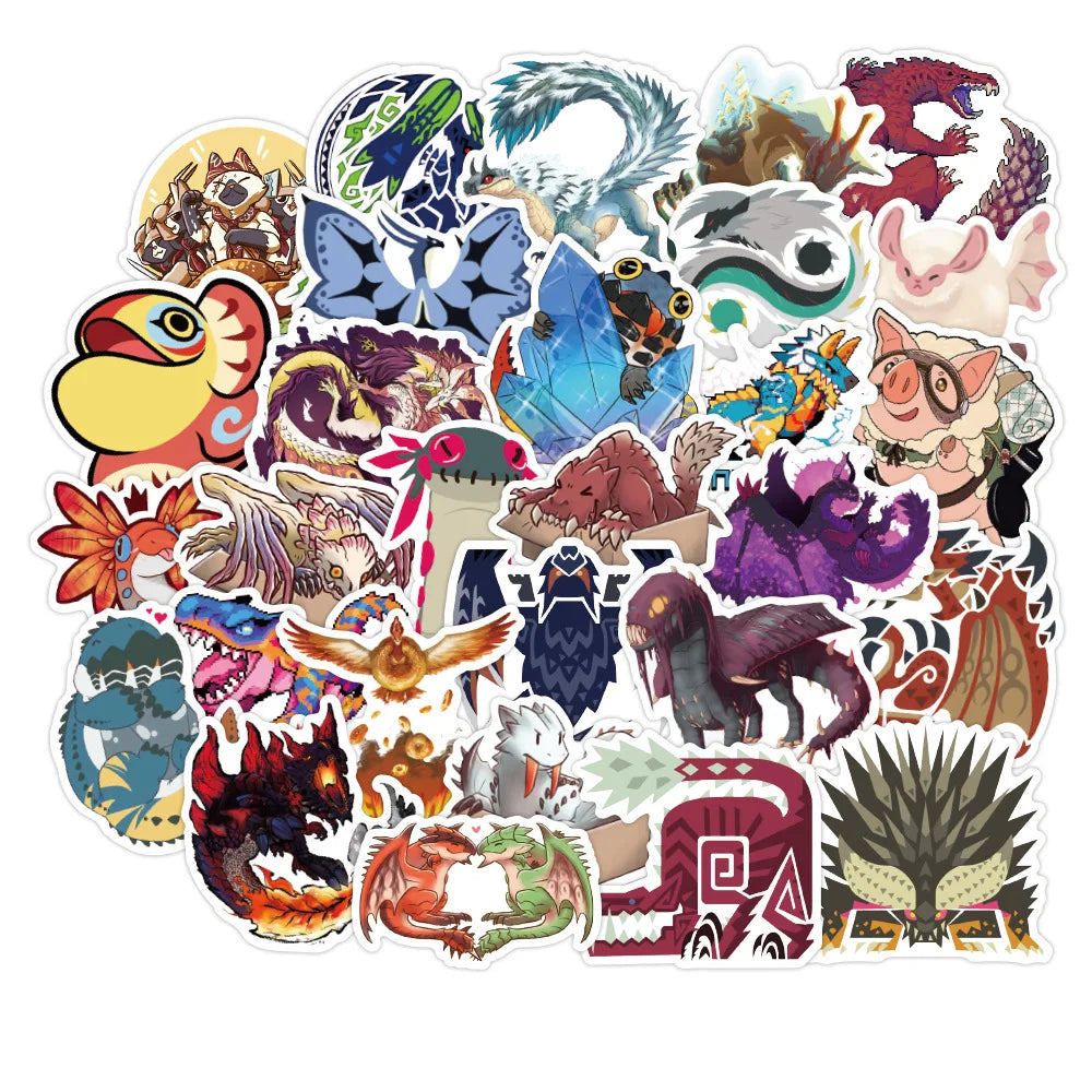 50 pieces of Monster Hunter animated cartoon graffiti stickers, personalized PVC suitcases, car helmets, suitcases, phone cases, notebook waterproof decorative stickers, toys