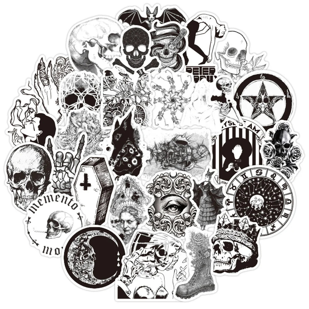 50PCS Black and White European and American Style Gothic Graffiti Sticker WaterproofTrolleyCaseNotebookSkateboard