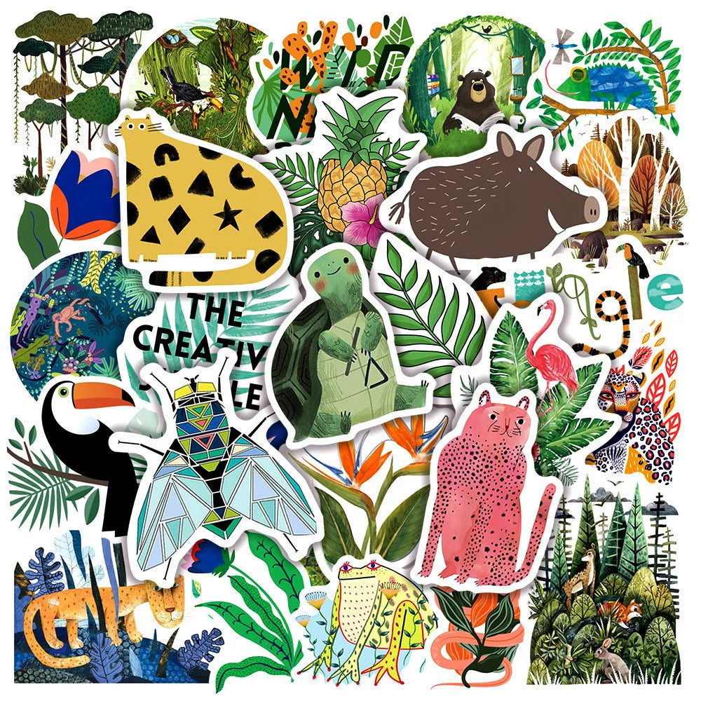50PCS Artistic Sense Children's Illustration Animal and Plant Graffiti Stickers Trolley Case Notebook Stickers