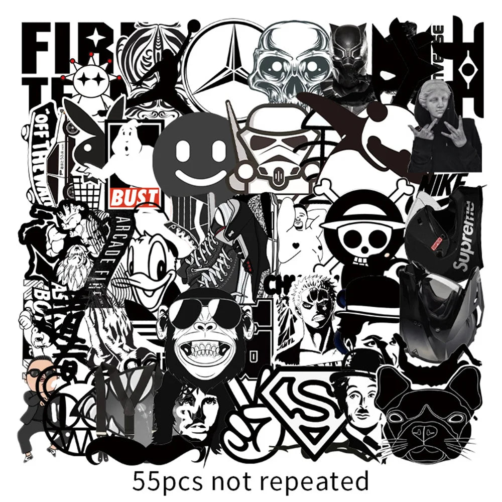 55PCS Black and White Series Graffiti Laptop Guitar Motorcycle Luggage Skateboard Bike Waterproof Sticker