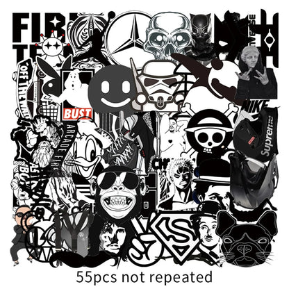 55PCS Black and White Series Graffiti Laptop Guitar Motorcycle Luggage Skateboard Bike Waterproof Sticker