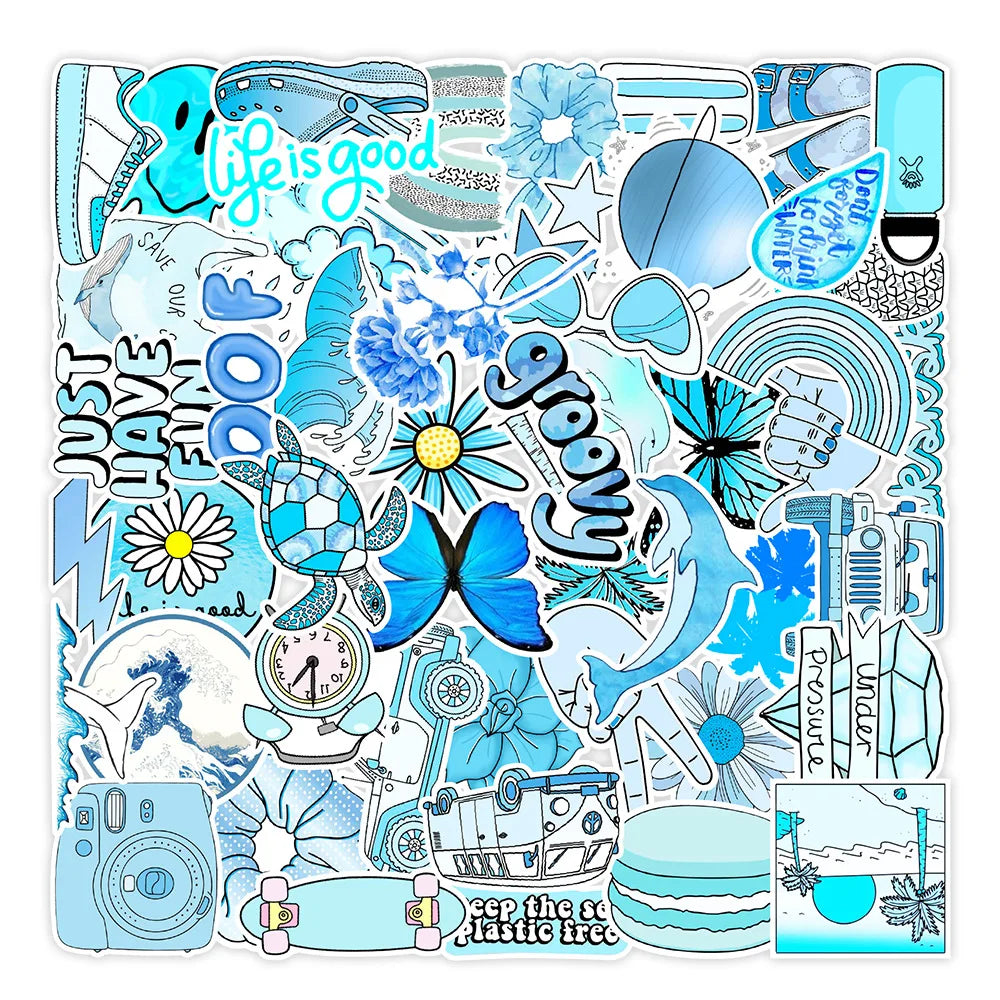 50PCS New Blue Small Fresh Graffiti Stickers Car Trunk Mobile Phone Water Cup Waterproof Stickers