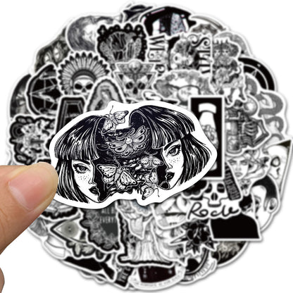 50PCS Gothic Punk Stickers, Black White Horror Doodle Decals for Laptops, Skateboards, and Alt Culture