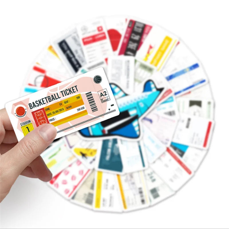 52PCS Boarding Pass Ticket Sticker Luggage Scooter Car Cartoon Graffiti Locomotive Decoration Toy