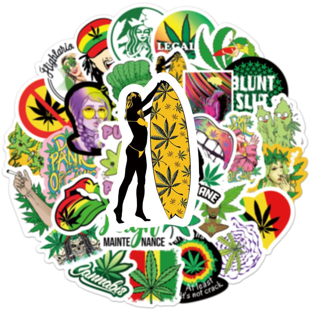 50PCS     SpoofCharacters Leaves Smoking Graffiti Stickers Luggage Laptop Car Waterproof Removable Stickers