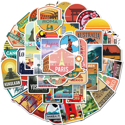 50PCS Wanderlust Cityscape Stickers - Global Metro Doodle Decals for Digital Nomad Journals, Memory Preservation Maps & Borderless Identity Projects