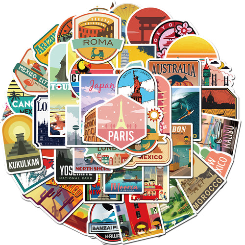 50PCS Wanderlust Cityscape Stickers - Global Metro Doodle Decals for Digital Nomad Journals, Memory Preservation Maps & Borderless Identity Projects