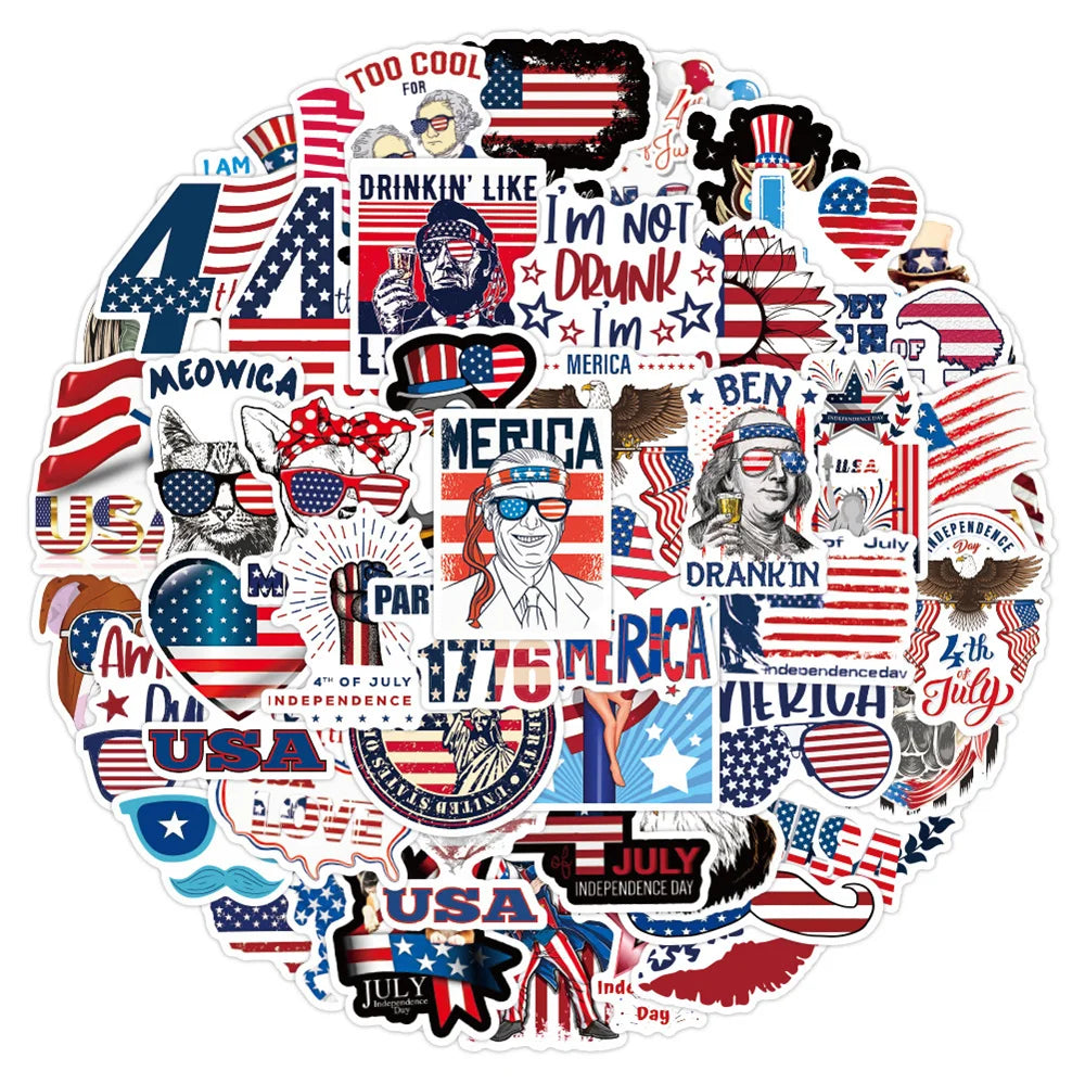50PCS American Independence Day Graffiti Sticker Waterproof Luggage Laptop Scooter Water Cup Sticker
