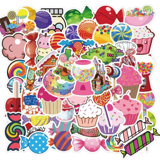 50PCS of colorful candy cartoon decorative style graffiti stickers, personalized, fashionable and creative DIY exquisite decorative decal cups, helmets, skateboards and popular sticker toys