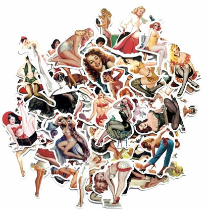 50 pieces of European and American retro sexy girl decorative style graffiti stickers, personalized, fashionable and creative DIY exquisite decorative decal cups, helmets, skateboards and popular sticker toys