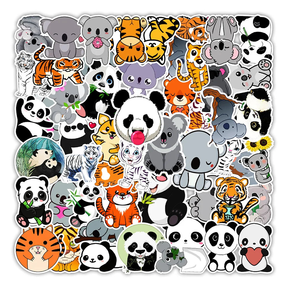 50PCS cartoon animal panda tiger decorative style graffiti stickers, personalized, fashionable and creative trend DIY exquisite decorative decal cups, helmets, skateboard popular sticker toys