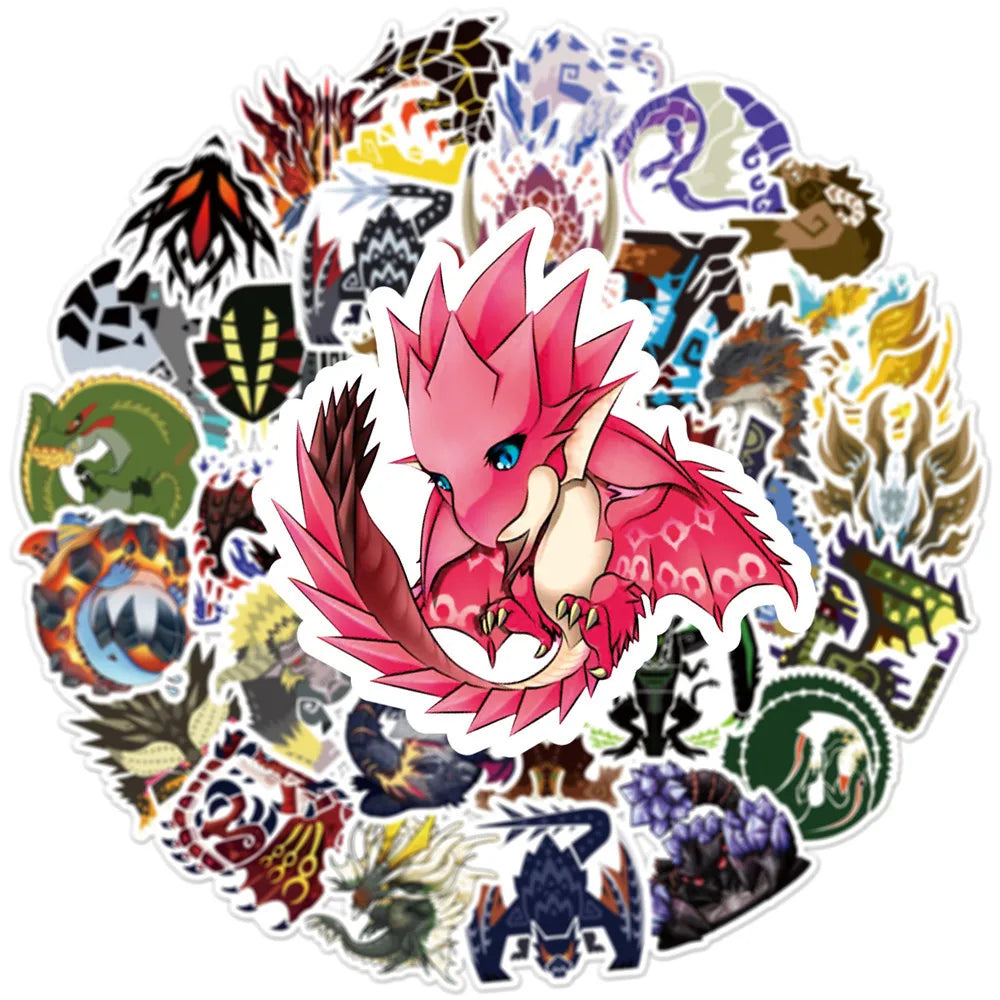 50PCS of cute cartoon anime Monster Hunter decorative style graffiti stickers, personalized, fashionable and creative trend DIY exquisite decorative decal cups, helmets, skateboard popular sticker toys