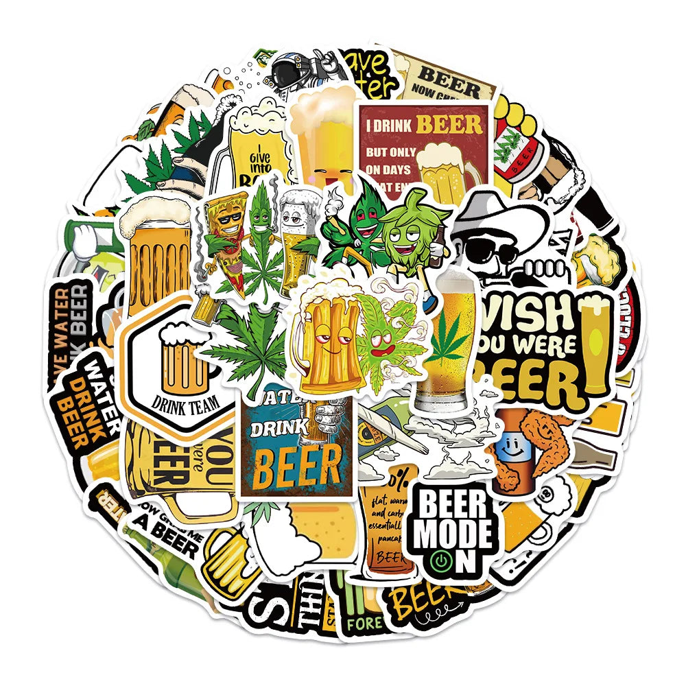 50PCS cartoon animation camping happy beer decorative style graffiti stickers, personalized, fashionable and creative trend DIY exquisite decorative decal cups, helmets, skateboard popular sticker toys