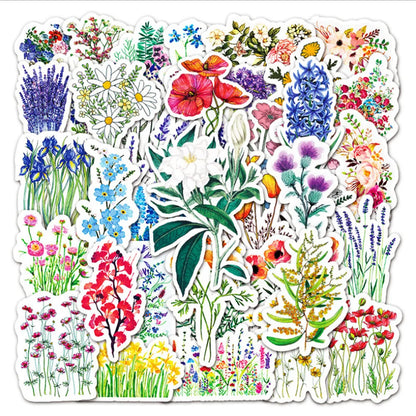 50 pieces of plant flower graffiti stickers, suitable for luggage, luggage notebooks, handbooks, decoration, waterproof stickers and toys
