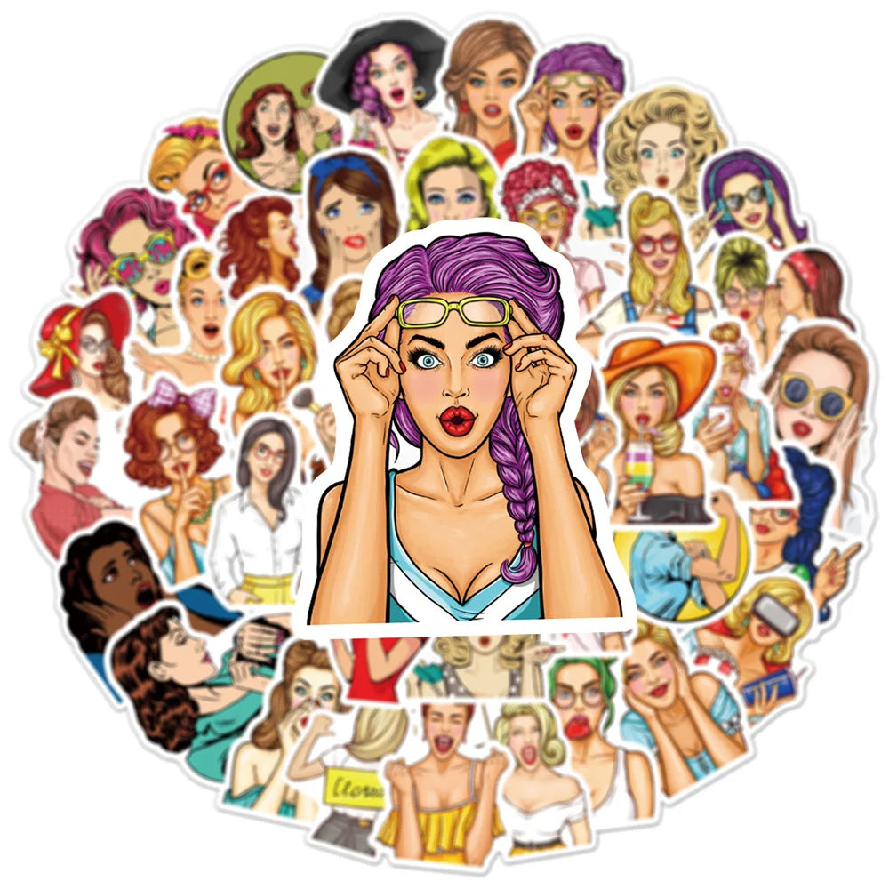 50PCS Pop Fashion Girl PVC Graffiti Sticker European and American Personality Luggage Car Trolley Guitar Sticker