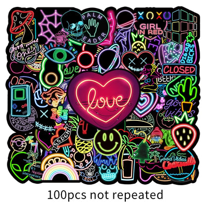 100pcs Popular Animation Neon Light Graffiti Decoration Luggage Compartment Waterproof Sticker