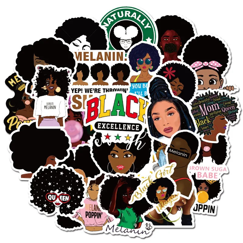 50PCS Inspirational Black Girl Melanin Poppin Sticker Graffiti Luggage Trolley Notebook Cup Interior Decoration Sticker