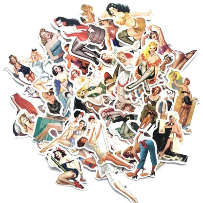 50 pieces of European and American retro sexy girl decorative style graffiti stickers, personalized, fashionable and creative DIY exquisite decorative decal cups, helmets, skateboards and popular sticker toys